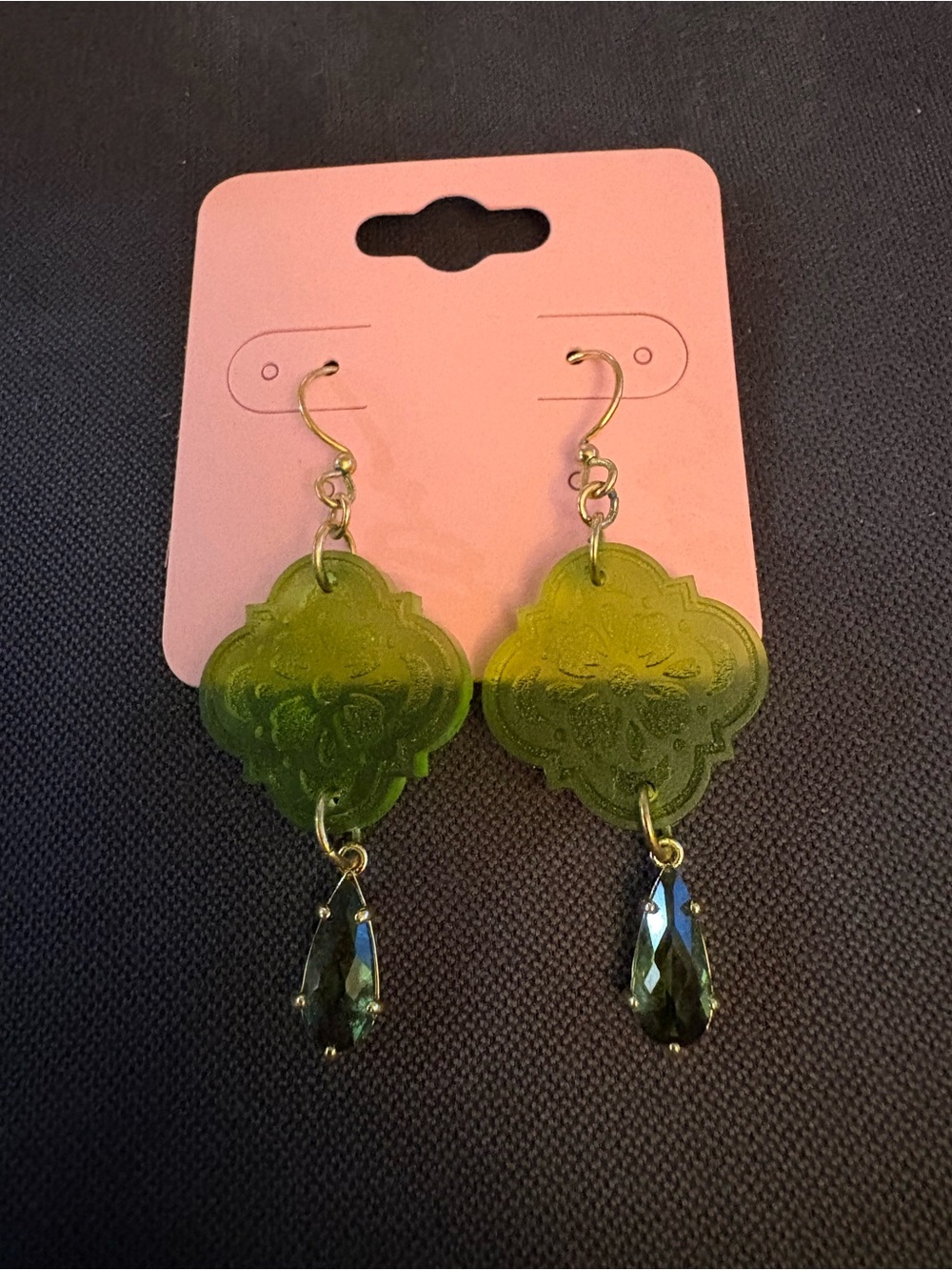 4/$20 Translucent Green Filigree Drop Earrings with Teardrop Crystal